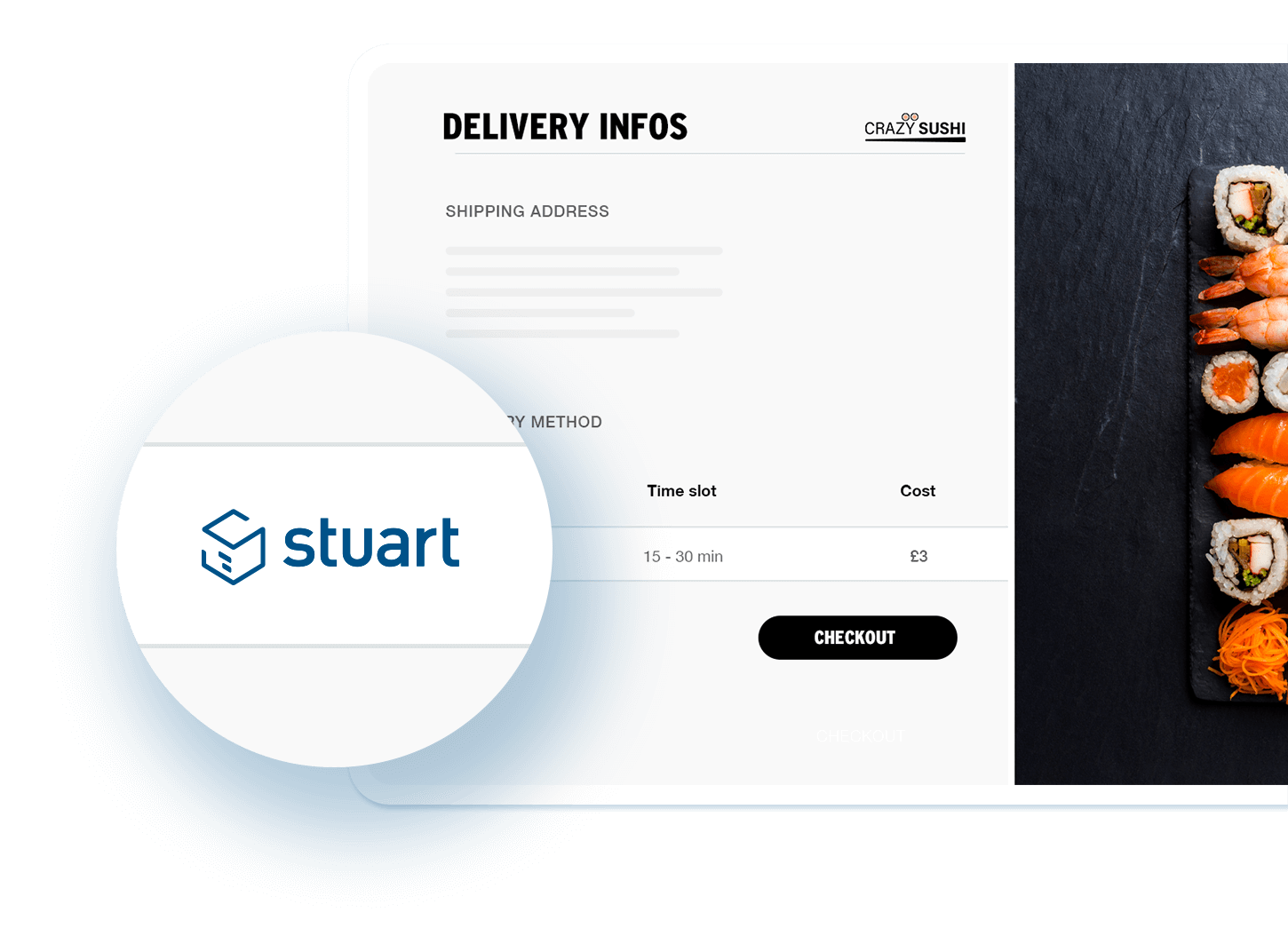 Crazy Sushi checkout page titled ‘Delivery Infos’ showing a shipping address placeholder, delivery method table with time slot and cost, a magnified Stuart logo, and a sushi platter on a dark stone plate