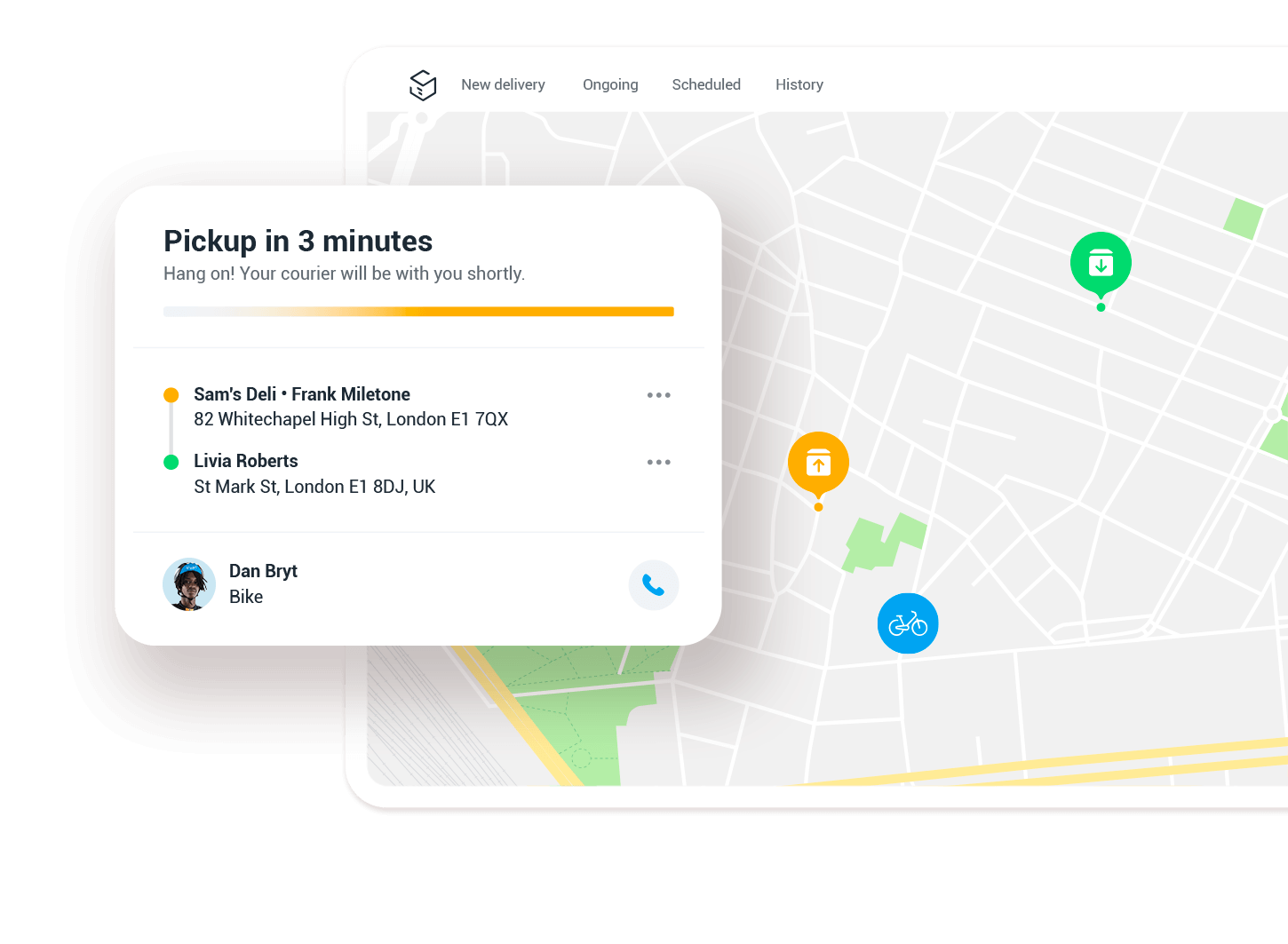 Delivery dashboard showing a ‘Pickup in 3 minutes’ panel with a pickup point and a drop-off point, a courier on a bike with a call icon, overlaid on a city map with coloured markers and navigation tabs